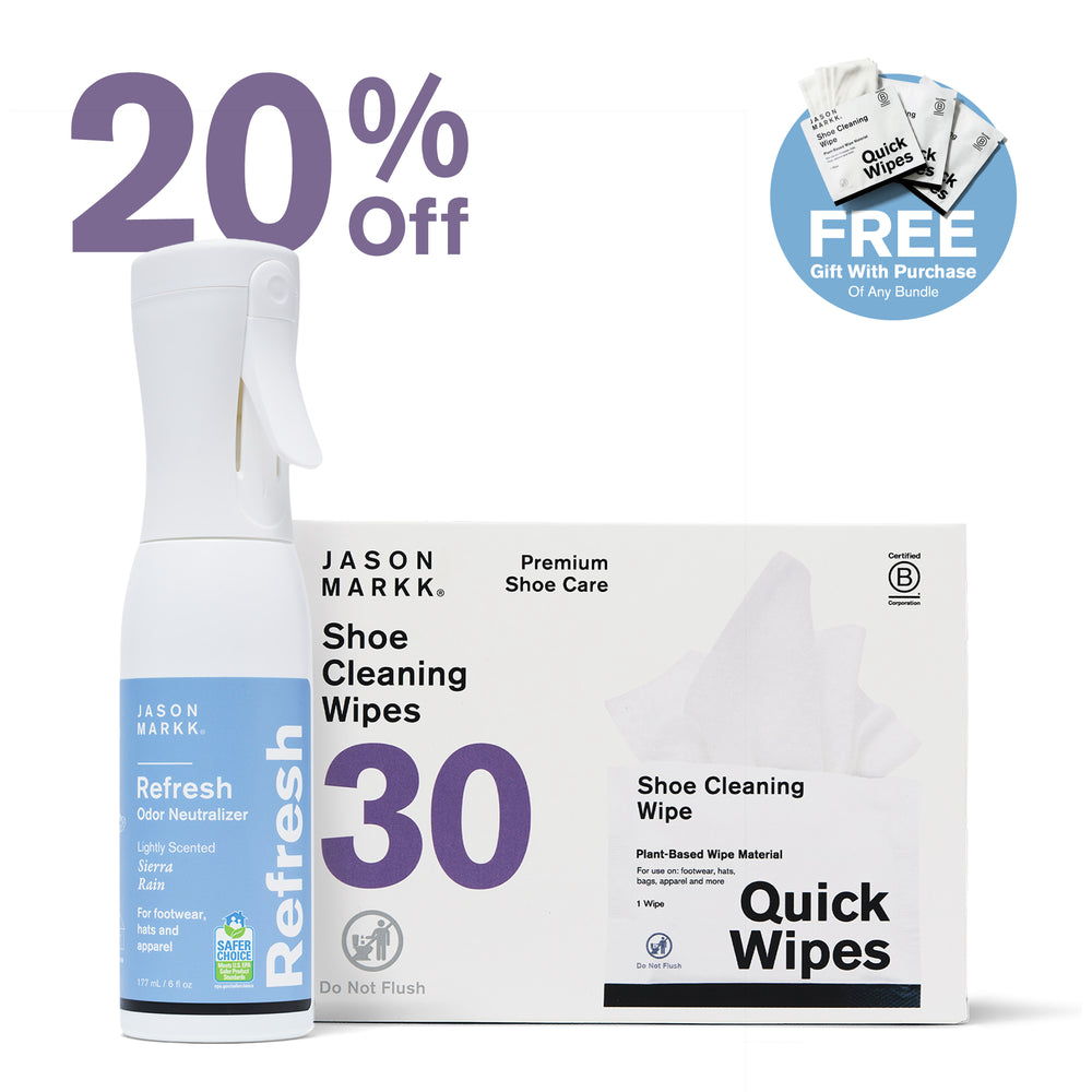 20% Off — Shop Now. FREE Quick Wipes Gift With Purchase of Any Bundle. Jason Markk Refresh Odor Neutralizer 6 fl oz, Lightly Scented Sierra Rain, for footwear, hats, and apparel, Safer Choice certified. Jason Markk Premium Shoe Care Shoe Cleaning Wipes, 30 count, Plant-Based Wipe Material, Certified B Corporation, Do Not Flush. For footwear, hats, bags, and apparel.