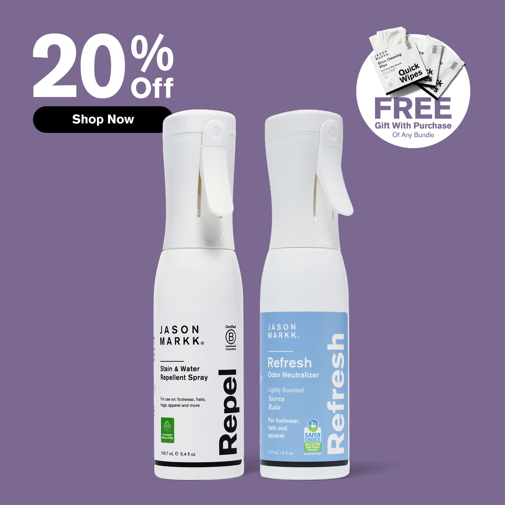 20% Off — Shop Now. Jason Markk Repel Stain & Water Repellent Spray, 5.4 fl oz, Certified B Corporation, Formulated Without PFAS, for footwear, hats, bags, and apparel. Jason Markk Refresh Odor Neutralizer, 6 fl oz, Lightly Scented Sierra Rain, for footwear, hats, and apparel, Safer Choice certified. FREE Quick Wipes Gift With Purchase of Any Bundle.