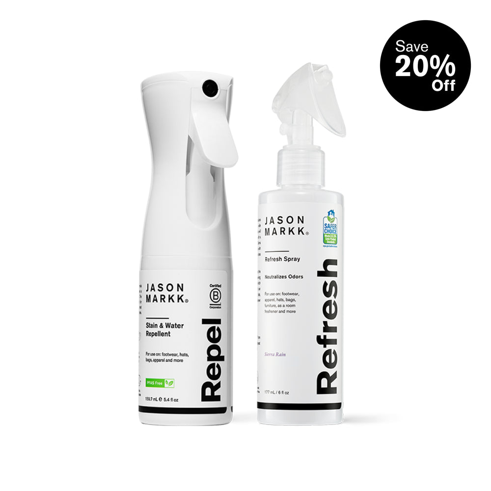 Two Jason Markk spray bottles, Repel and Refresh on a white background with a discount label.