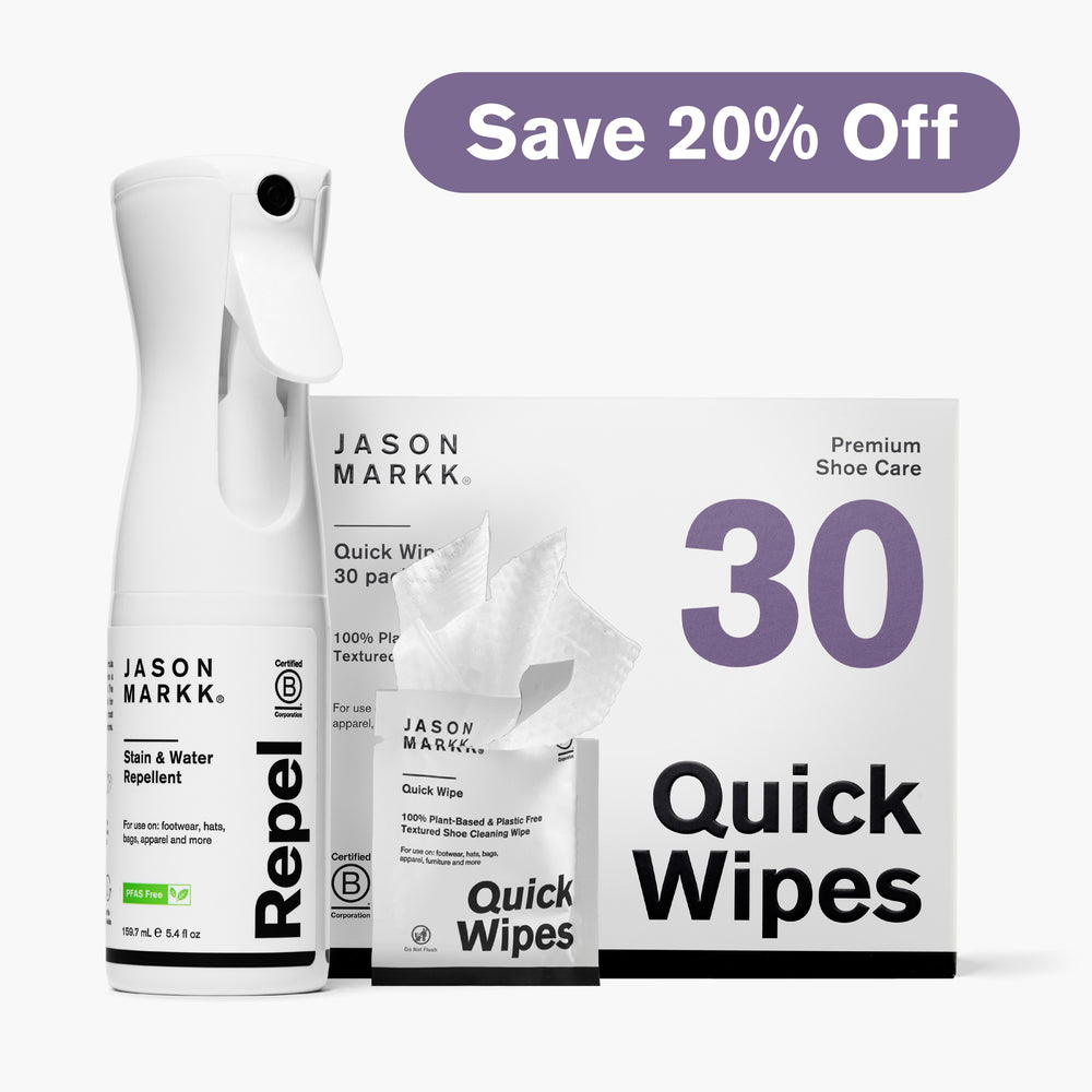 Jason Markk shoe care products including Repel and Quick Wipes with a discount label.