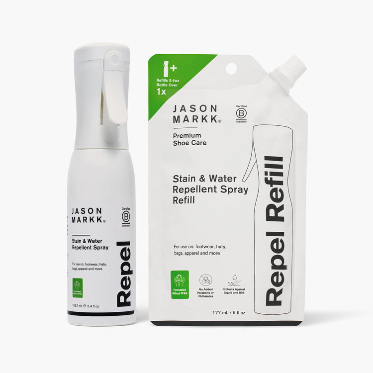 Jason Markk Repel Spray and Repel Refill Bladder on a white background