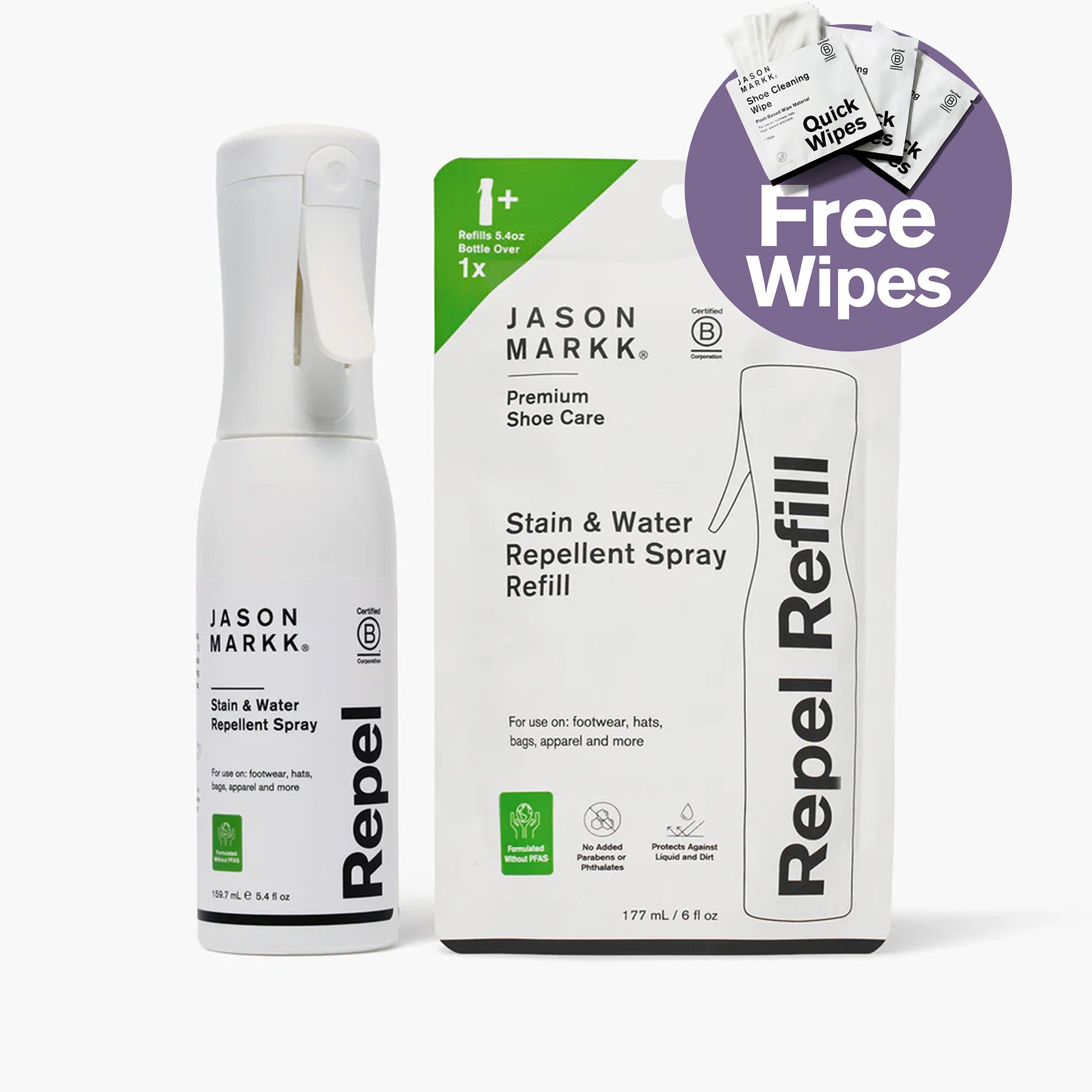 Jason Markk Repel Refill Bundle featuring Repel Stain & Water Repellent Spray (5.4 fl oz, B Corporation Certified, Formulated Without PFAS) and Repel Stain & Water Repellent Spray Refill (6 fl oz, B Corporation Certified) — refills 5.4 fl oz bottle over 1x, Formulated Without PFAS, no added parabens or phthalates, protects against liquid and dirt, for footwear, hats, bags, and apparel. Includes free Quick Wipes.