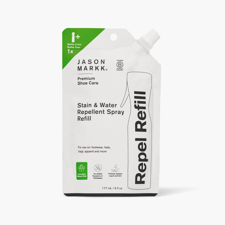 A 177 mL / 6 fl oz Jason Markk Repel Stain and Water Repellent Spray Refill pouch on a white background. The green and white packaging is labeled "Premium Shoe Care" and features a Certified B Corporation badge. The pouch refill.