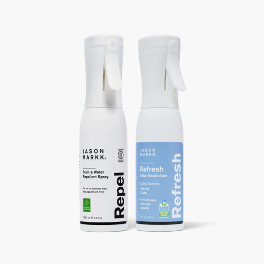 Jason Markk Repel & Refresh Bundle. Left: Repel Stain & Water Repellent Spray, 159.7mL / 5.4 fl oz, for footwear, hats, bags, and apparel. Formulated without PFAS. Certified B Corporation. Right: Refresh Odor Neutralizer, 177mL / 6 fl oz, lightly scented Sierra Rain, for footwear, hats, and apparel. EPA Safer Choice certified. Both in white continuous mist trigger bottles.