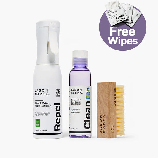 Jason Markk Repel & Revive Bundle featuring Repel Stain & Water Repellent Spray (5.4 fl oz, B Corporation Certified, Formulated Without PFAS) for footwear, hats, bags, and apparel, Concentrated Shoe Cleaner & Conditioner Clean (4 fl oz, EPA Safer Choice certified) for leather, rubber, plastic, synthetic materials, and Durables stiff bristle brush. Bundle includes free Quick Wipes shoe cleaning wipes.