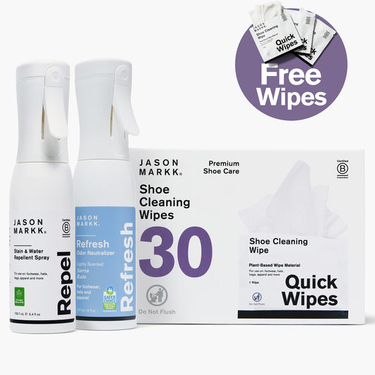 Jason Markk Repel, Revive & Refresh Bundle featuring Repel Stain & Water Repellent Spray (5.4 fl oz, B Corporation Certified, Formulated Without PFAS) for footwear, hats, bags, and apparel, Refresh Odor Neutralizer (6 fl oz, lightly scented Sierra Rain, EPA Safer Choice certified), and 30-count Shoe Cleaning Wipes — plant-based, Do Not Flush. Bundle includes free Quick Wipes.