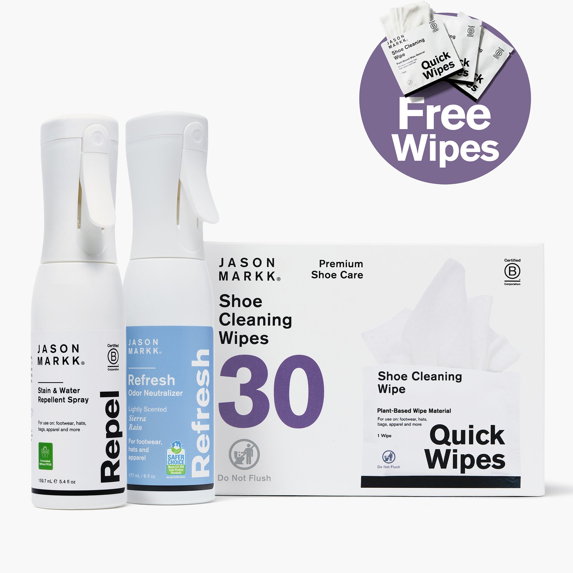 Jason Markk Repel, Revive & Refresh Bundle featuring Repel Stain & Water Repellent Spray (5.4 fl oz, B Corporation Certified, Formulated Without PFAS) for footwear, hats, bags, and apparel, Refresh Odor Neutralizer (6 fl oz, lightly scented Sierra Rain, EPA Safer Choice certified), and 30-count Shoe Cleaning Wipes — plant-based, Do Not Flush. Bundle includes free Quick Wipes.