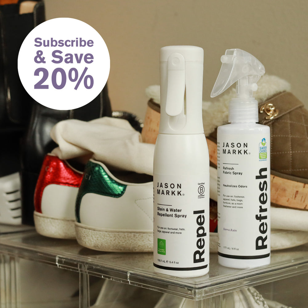 Jason Markk shoe care bundle with Repel stain and water repellent spray and Refresh fabric spray displayed with sneakers and accessories. Badge reads “Subscribe & Save 20%.” Bottles labeled “Repel” and “Refresh Fabric Spray – Neutralizes Odors.” Shoe care solution for protecting footwear and eliminating odors on shoes, apparel, and accessories.