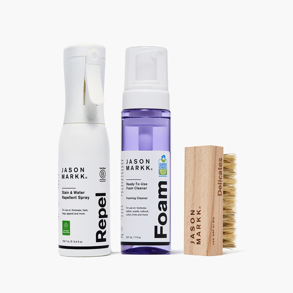Jason Markk shoe care products including a Repel, RTU Foam, and Delicates Brush on a white background.