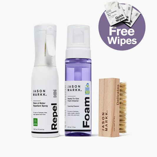 Jason Markk Sneakerhead Bundle featuring Repel Stain & Water Repellent Spray (5.4 fl oz, B Corporation Certified, Formulated Without PFAS) for footwear, hats, bags, and apparel, Ready-To-Use Foam Cleaner (7 fl oz, EPA Safer Choice certified) for footwear, leather, suede, nubuck, cotton, knits, and Delicates brush (use wet or dry). Bundle includes free Quick Wipes shoe cleaning wipes.