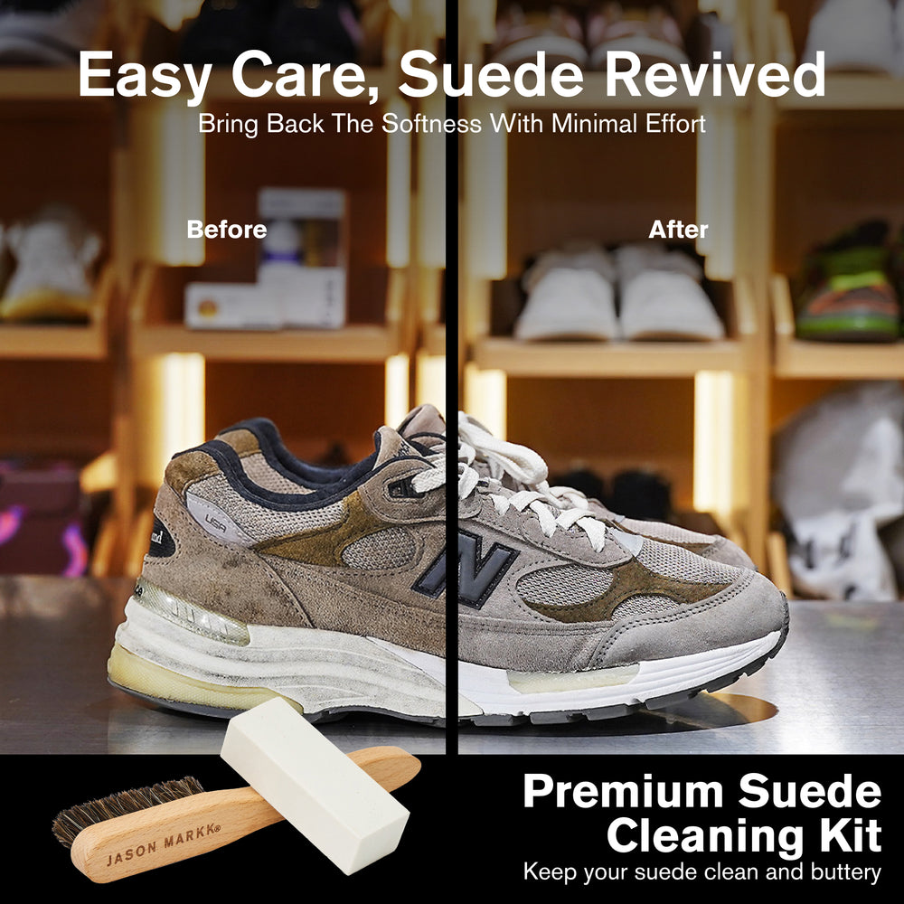 Before and after comparison of a New Balance 990 sneaker cleaned with Jason Markk Premium Suede Cleaning Kit. Left shows a dirty, mud-stained shoe; right shows the same shoe restored and clean. A suede brush and eraser block are displayed below. Text reads: "Easy Care, Suede Revived – Bring Back The Softness With Minimal Effort. Keep your suede clean and buttery."