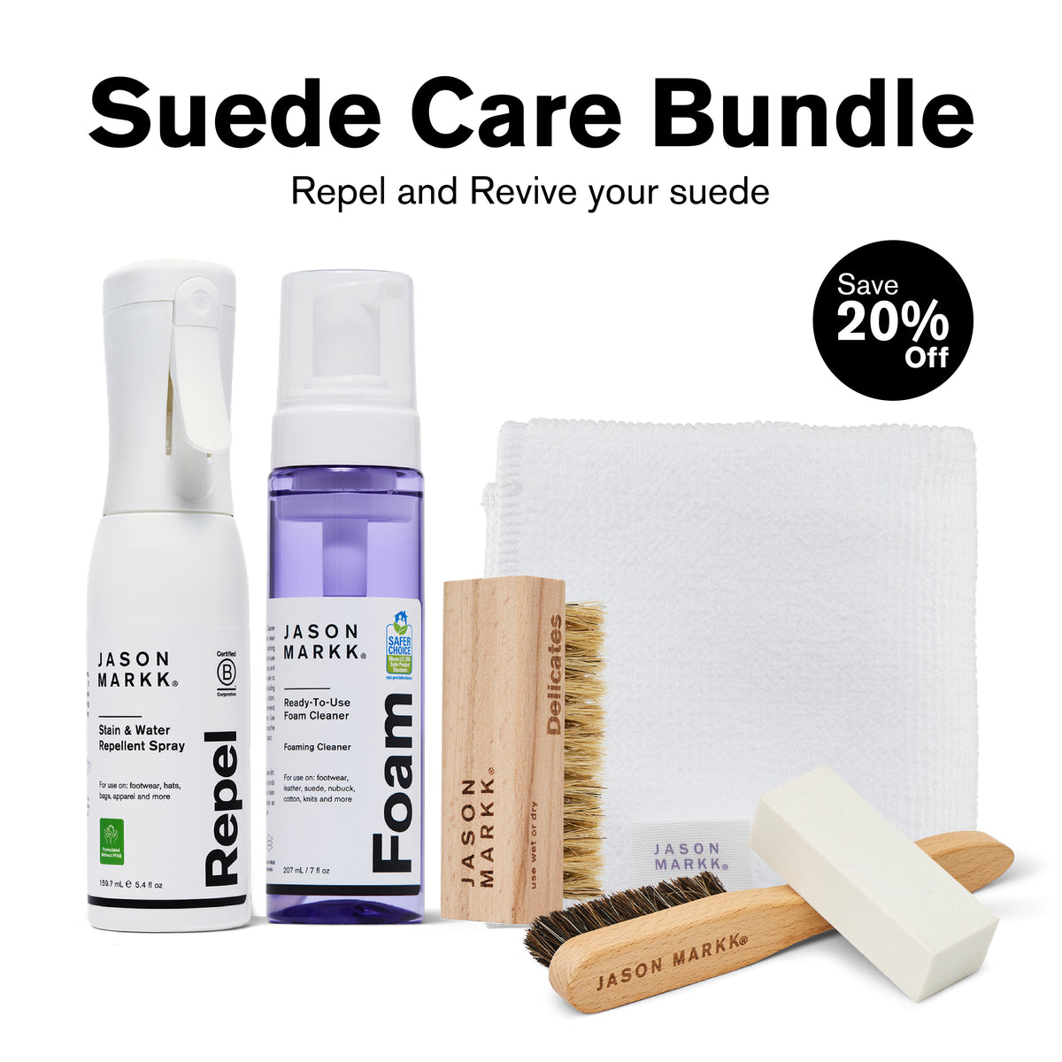 Jason Markk Suede Care Bundle – Save 20% Off. Includes: Repel Stain & Water Repellent Spray (5.4 fl oz), Ready-To-Use Foam Cleaner (7 fl oz, Safer Choice certified), Delicates brush, standard bristle brush, suede eraser block, and microfiber towel. Text reads: "Suede Care Bundle – Repel and Revive your suede."