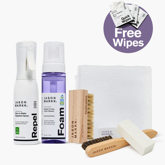 Jason Markk Suede Care Bundle featuring Repel Stain & Water Repellent Spray (5.4 fl oz, B Corporation Certified, Formulated Without PFAS), Ready-To-Use Foam Cleaner (7 fl oz, EPA Safer Choice certified) for footwear, leather, suede, nubuck, cotton, knits, Delicates brush (use wet or dry), standard brush, eraser, and microfiber cloth. Bundle includes free Quick Wipes shoe cleaning wipes.