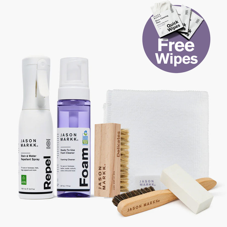 Jason Markk Suede Care Bundle featuring Repel Stain & Water Repellent Spray (5.4 fl oz, B Corporation Certified, Formulated Without PFAS), Ready-To-Use Foam Cleaner (7 fl oz, EPA Safer Choice certified) for footwear, leather, suede, nubuck, cotton, knits, Delicates brush (use wet or dry), standard brush, eraser, and microfiber cloth. Bundle includes free Quick Wipes shoe cleaning wipes.