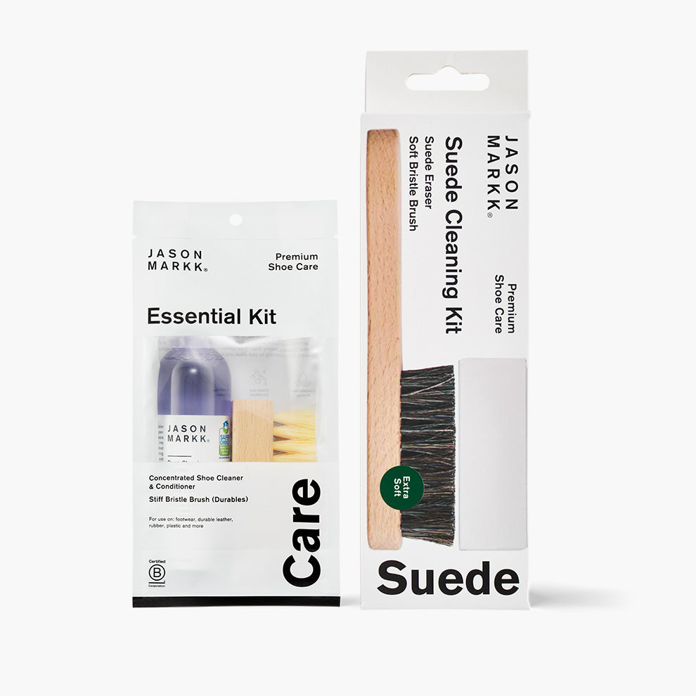 A photo showing the Jason Markk Essential Kit and Premium Suede Cleaning Kit in package. 
