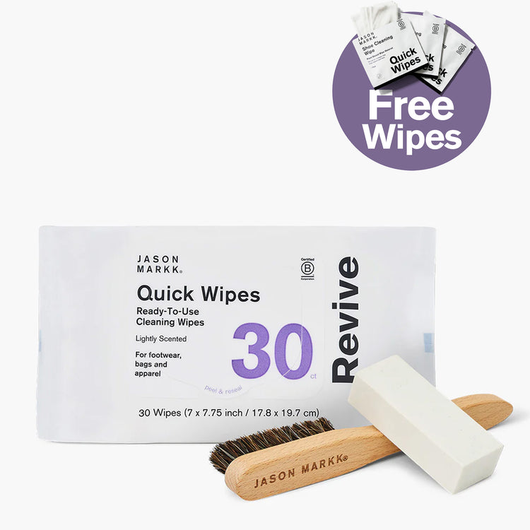 Jason Markk Suede Quick Care Bundle featuring Quick Wipes Ready-To-Use Cleaning Wipes (30 ct, 7x7.75 inch, lightly scented, peel & reseal, B Corporation Certified) for footwear, bags, and apparel, Revive eraser block, and standard brush. Bundle includes free Quick Wipes shoe cleaning wipes.