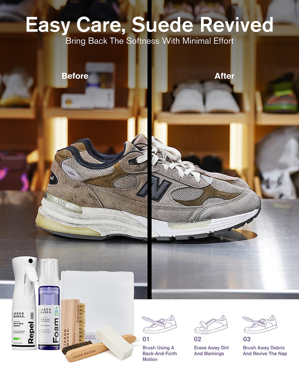 Before and after comparison of a New Balance 992 sneaker cleaned with Jason Markk suede care products, showing the shoe restored from dirty and worn to clean and refreshed. Products and 3-step cleaning instructions shown below.