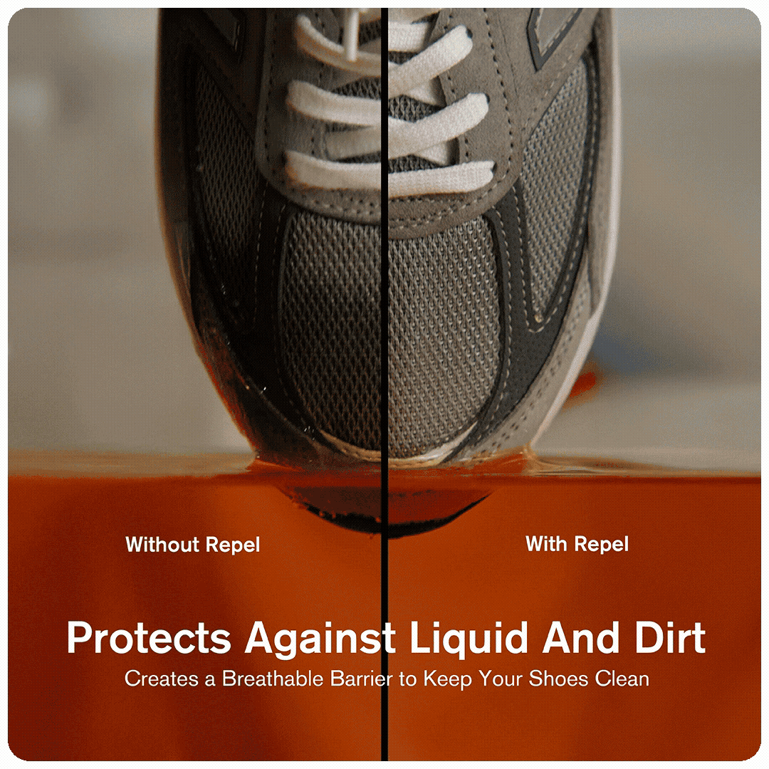 Repeating GIF of before and after shots of shoes being used with Repel, Quick Wipes, and Refresh Spray.