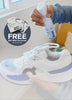 Jason Markk Repel shoe protectant spray being applied to white On-Cloud sneakers in a three-panel sequence. Promotional badge reads: "FREE Gift With Purchase of Any Bundle – Quick Wipes Shoe Cleaning Wipe."