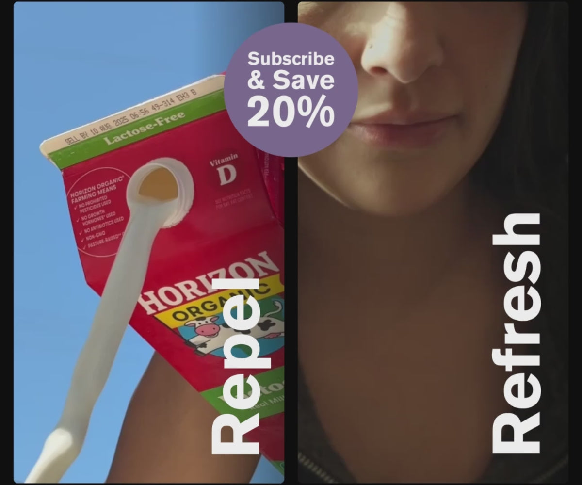 Split-screen video showing clips of Repel spray with text reading “Repel" on the left, clips of Refresh Spray with text reading “Refresh” on the right. A “Subscribe & Save 20%” badge appears centered. Visual emphasizes Repel and Refresh as part of a daily care routine.