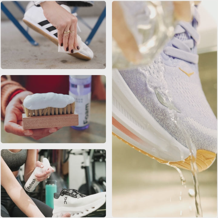 Video demonstrating Jason Markk shoe care products in use. Scenes include wiping an Adidas sneaker with a Quick Wipe, applying Jason Markk RTU Foam Cleaner with a Delicates Brush, using Jason Markk Refresh Spray at the gym, and water beading off a white knit sneaker treated with Repel Stain & Water Repellent Spray.