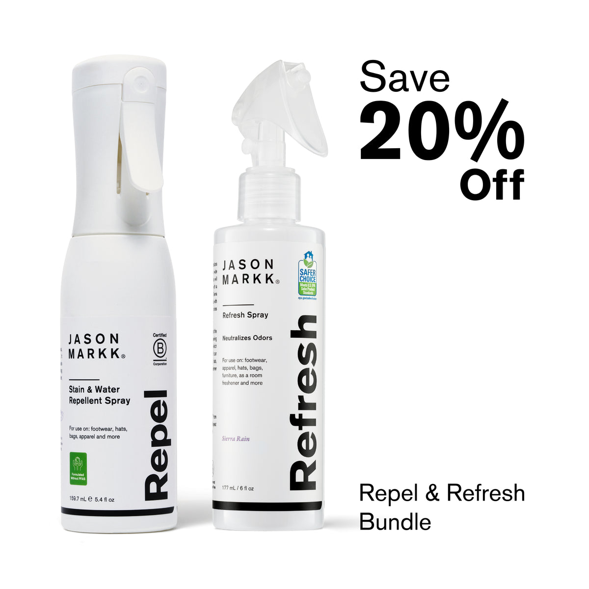 Jason Markk Repel & Refresh Bundle featuring stain and water repellent spray and odor-neutralizing refresh spray on a clean white background. Text reads “Save 20% Off.” Shoe care set designed to protect, clean, and deodorize sneakers, suede, leather, and fabric footwear.
